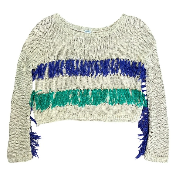 BY CHANCE • Beige Knit Green & Purple Tassels Fringe Sweater - Picture 1 of 6